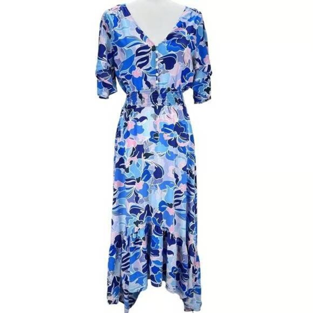 Anthro Abel the Label Floral Hi-Low Midi Dress Blue Floral Size‎ S